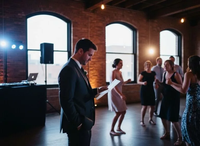 Координатор сверяет тайминг у DJ-пульта, пока гости танцуют